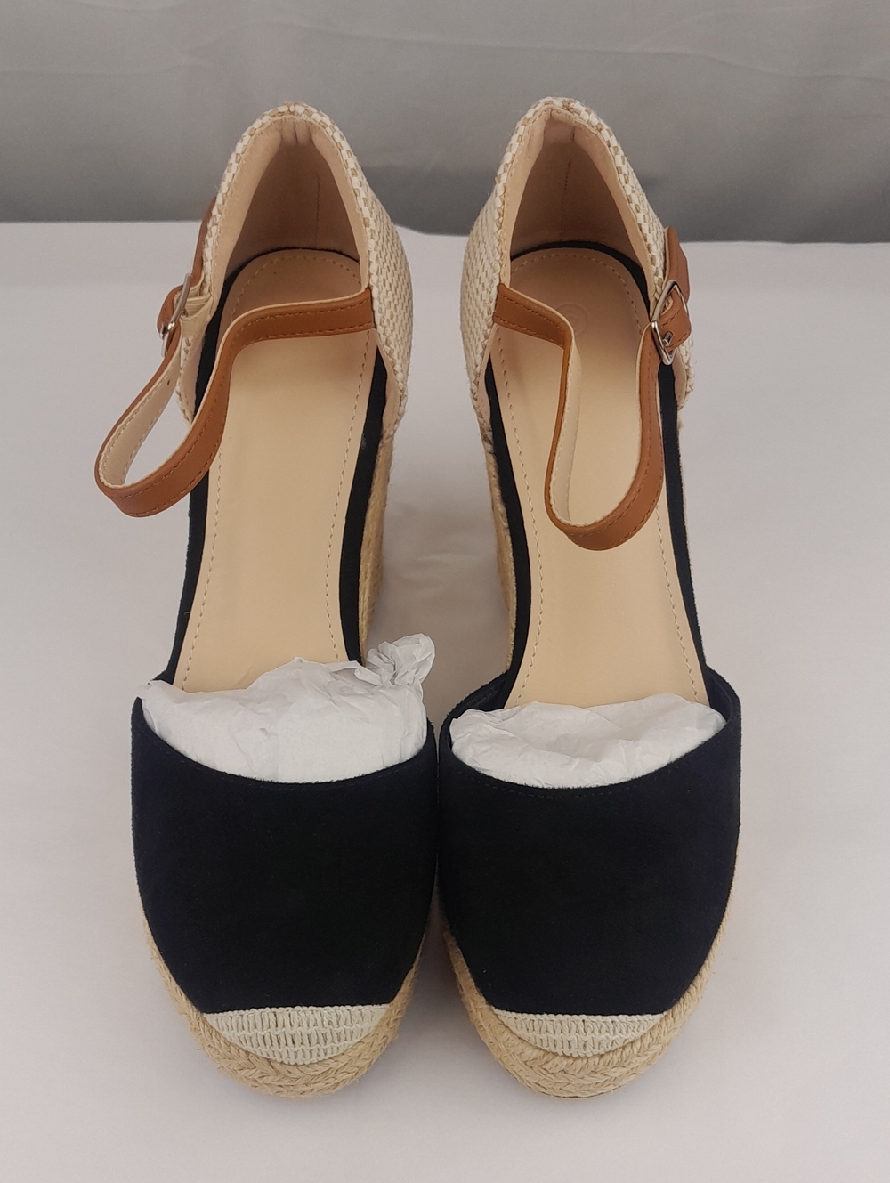 Fisace Espadrille Black Tan Closed Toe Strap Wedge Heels
